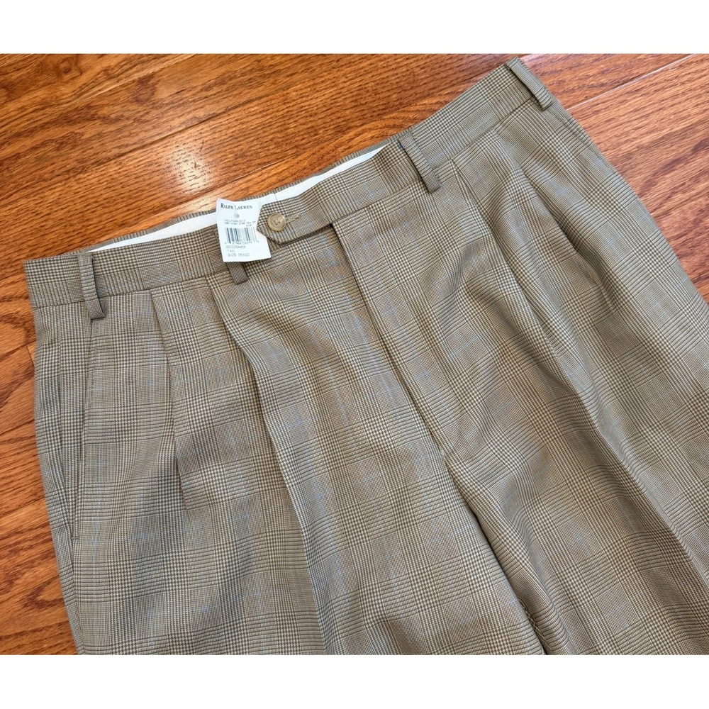 Lauren Ralph Lauren Wool Dress Pants Mens 35x32 Beige Glen Plaid Pleated Trouser